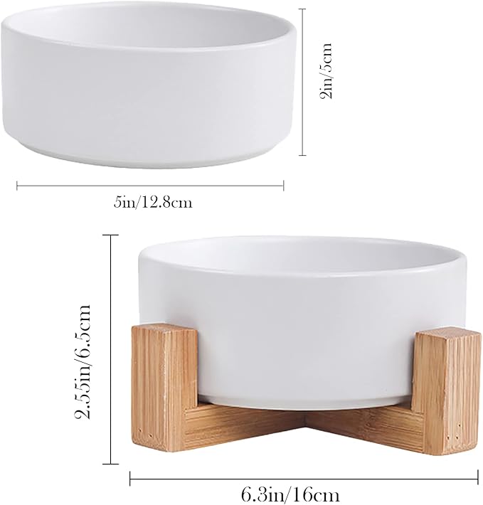 Ceramic Dog Cat Bowl with Wood Stand,Cat Food & Water Bowls Elevated Non-Spill Modern Cute Kitty Dishes Heavy Weighted Round Pet Dishes Set for Kitten Small Cat(White)