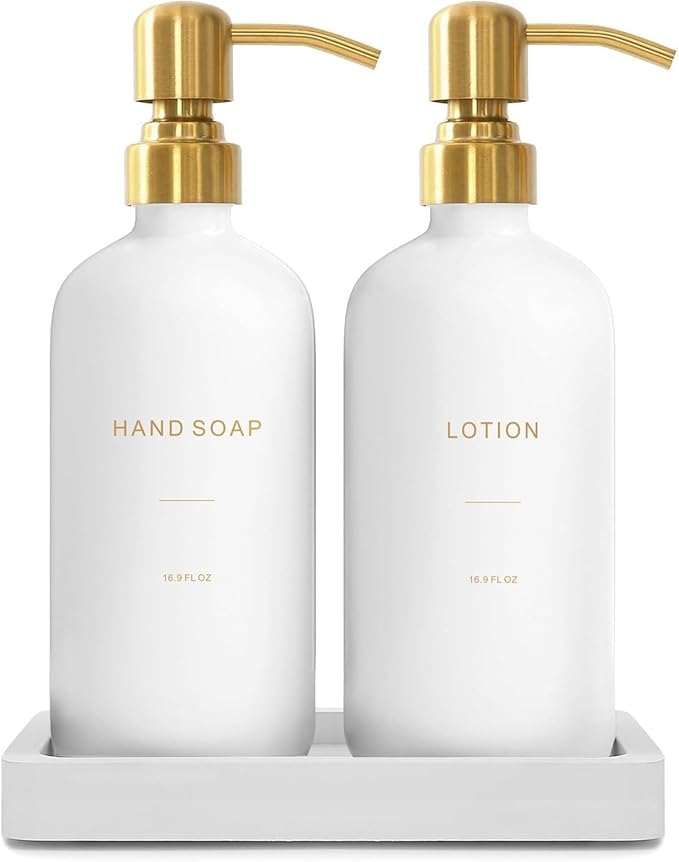 Liquid Dispenser Soap Dispenser Set Glass with Stainless Steel Pump Countertop Soap Bottle(Gold Pump+White Bottle)