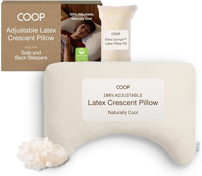 Coop Home Goods Adjustable Latex Crescent Pillow Queen, Talalay Latex & Microfiber Fill, Ergonomic Shape, Naturally Cooling, Eco-Friendly, Medium Firm for Back and Side Sleepers, GREENGUARD Gold