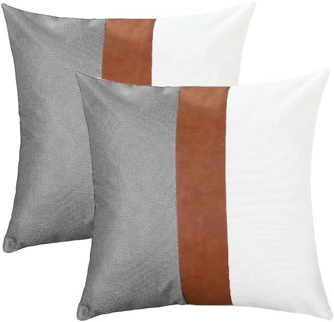 TAOSON Set of 2, Cotton Canvas & Faux Leather Pillow Covers 18x18 Inch - Brown Grey White Patchwork Striped Throw Pillow Cases Modern Farmhouse Cushion Covers for Sofa