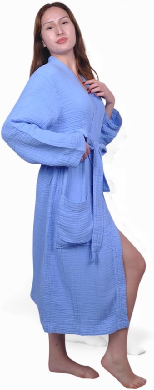 Muslin Bathrobe - Cotton Gauze Robe for Women and Men - Lightweight Breathable Summer Kimono - Boho Spa/Maternity Robe