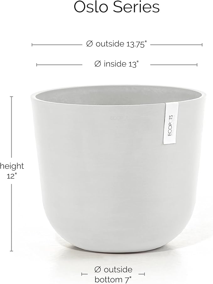 Ecopots Oslo Durable Modern Round Indoor/Outdoor Recycled-Based Composite Flower Pot Planter, Pure White, 14"