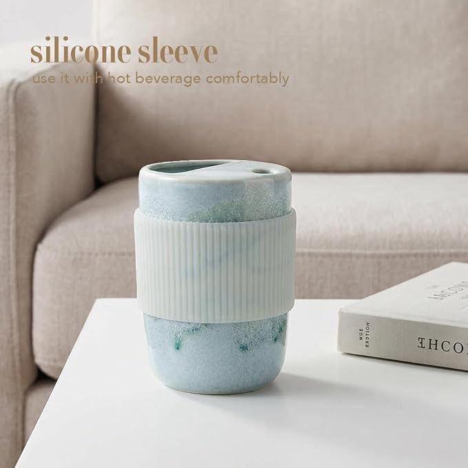 Handmade Ceramic Coffee Mug with Half Lid, 17oz Unique Tea Coffee Cup with Sip-top Lid, Sea Foam