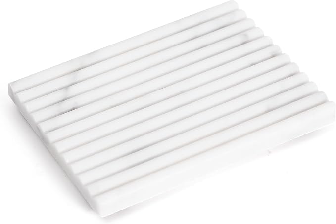 Soft White Marble Soap Dish, Rectangular 4.7"x3.5" White Stone Bar Soap Holder for Shower, Bathroom Soap Saver with Self Draining Grooves, Modern Marble Soap Tray Sponge Holder, Keep Bars Dry