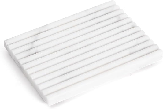 Soft White Marble Soap Dish, Rectangular 4.7"x3.5" White Stone Bar Soap Holder for Shower, Bathroom Soap Saver with Self Draining Grooves, Modern Marble Soap Tray Sponge Holder, Keep Bars Dry