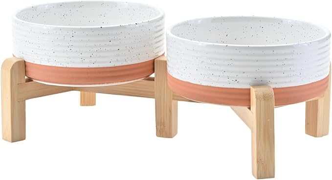 SPUNKYJUNKY Elevated Dog Bowls Ceramic, 5.1'' Dogs and Cat Food Water Bowls Raised with Non-Slip Bamboo Stand for Puppy Small Sized Breed Microwave Dishwasher Safe - 13.5 OZ,Pattern White