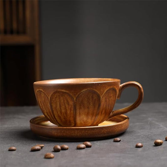 Rustic Kiln Glaze Textured Ceramic Coffee Mug with Saucer, Vintage Wabi Sabi Latte Tea Cup Multiple Styles, set of 1 (MIXED08)