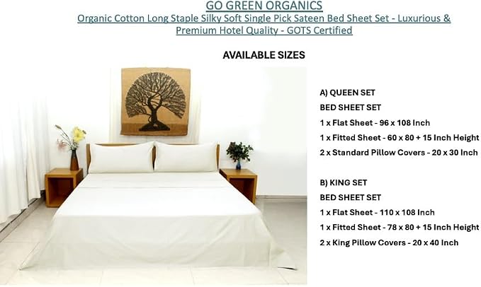 Organic Cotton Long Staple Silky Soft Single Pick Sateen Bed Sheet Set - Luxurious & Premium Hotel Quality - GOTS Certified - Solid Dyed (Natural, King (U.S. Standard))