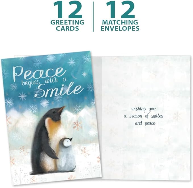 Tree-Free Greetings - Season's Greetings Greeting Cards - Artful Designs - 12 Cards + Matching Envelopes - Made in USA - 100% Recycled Paper - 5"x7" - Peaceful Penguins (HP60644)