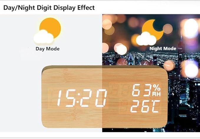 Smart Wooden Desk Clock with Voice Control, Snooze Alarm, and Real-time Environment Monitoring (Bamboo, 15 * 4 * 7cm)