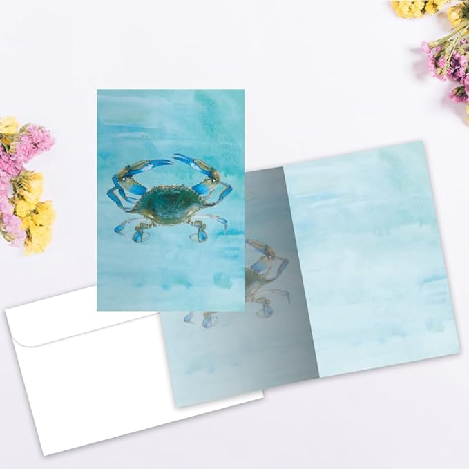 Tree-Free Greetings Blue Crab All Occasion Cards - 12 Recycled 4x6 Notecards & White Envelopes, Thick Cardstock, Sustainably Made in USA - Watercolor Ocean Art