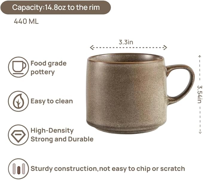 12oz Japanese Style Minimalistic Asian Rustic Reactive Glaze Ceramic Pottery Coffee Mug, Lead-Free Glaze earthen Tea Mug,Tea cup with handle, stoneware mugs, Microwave and Dishwasher Safe (Gray)