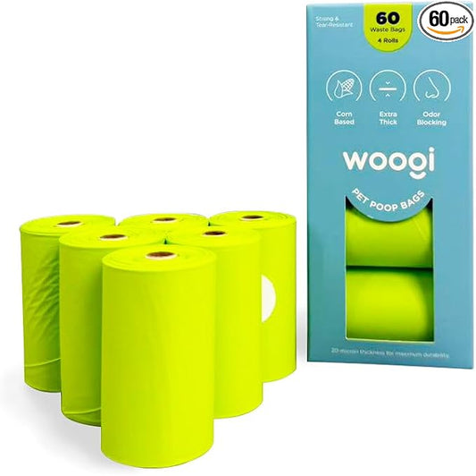 Woogi Dog Poop Bags – 60 Extra Thick & Leakproof Bags (4 Rolls), Compostable Pet Waste Bags Made from Corn Starch, Unscented