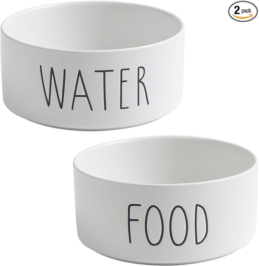 Ceramic Dog Bowls Set of 2 - Weighted Dog Dishes with Food & Water Lettering for Small and Medium Dogs, Food Grade Pet Bowl, Dishwasher & Microwave Safe (6 inch, 2 * 30oz, White)