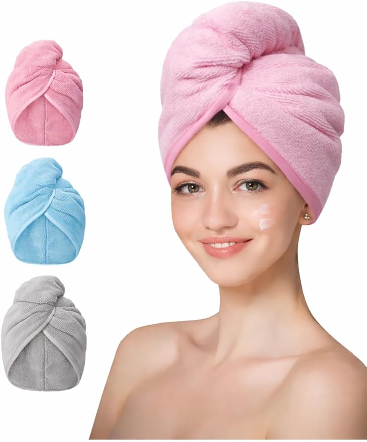 Microfiber Hair Towel Wrap 3 Pack Quick Dry Turban for Wet Hair Soft Lightweight Absorbent (Pink, Blue & Gray