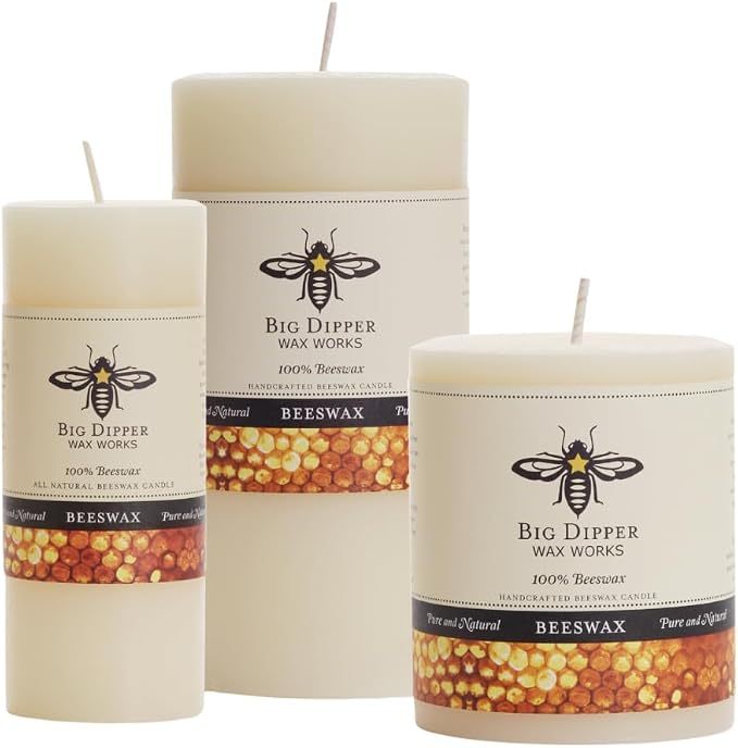 Big Dipper Wax Works Ivory Beeswax Pillar Candle 3" x 3.5" – 60-Hour Burn, Non-Toxic & Clean Burning, Pure Beeswax, Handmade in USA