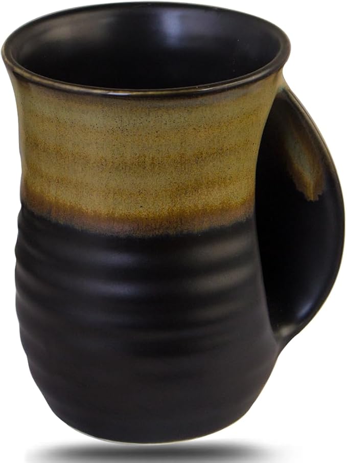 Hand Warmer Coffee Mug for Christmas - 16 Ounce Large Handwarmer Ceramic Mugs Handmade Pottery Gift for with Contoured Pocket, Keep Your Fingers Warmth(Right Handed,Beige/Black)