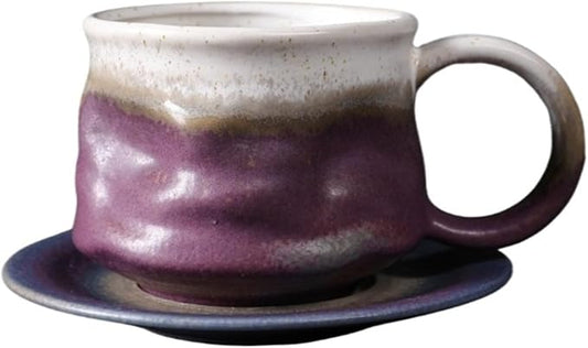 Handmade gradient ceramic coffee cup and saucer set, 8-ounce ceramic mug, distinctive glaze technology, microwave/dishwasher safe for coffee, tea, latte, rustic craftsman style(Gradient purple)