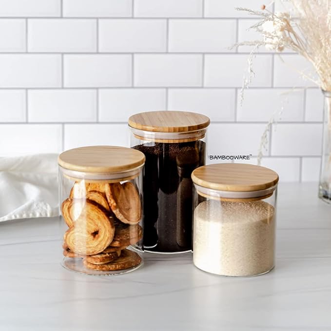 Bambooware Glass Storage Containers with Lids | Kitchen Organization | Pantry Organization - Set of 3 Canisters - Airtight Glass Jars Wooden Lid for Sugar, Flour, Candy, Cookies, Rice, Pasta