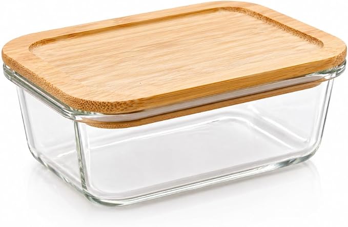Kdetails Glass Food Storage Container with Bamboo Lid 21.6 oz | Borosilicate Glass Meal Prep Container | Microwave Oven Dishwasher Safe | Airtight BPA Free
