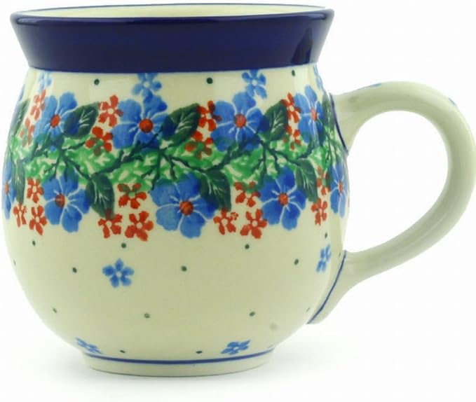 Polmedia Polish Pottery Bubble Mug 12 oz - Summer Wreath Pattern Handmade in Boleslawiec Poland by Ceramika Artystyczna + Certificate of Authenticity