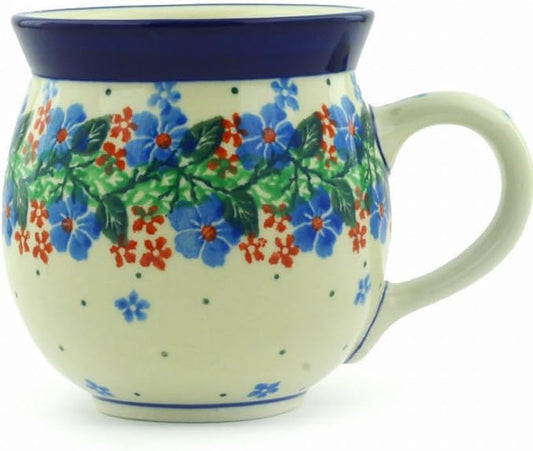 Polmedia Polish Pottery Bubble Mug 12 oz - Summer Wreath Pattern Handmade in Boleslawiec Poland by Ceramika Artystyczna + Certificate of Authenticity