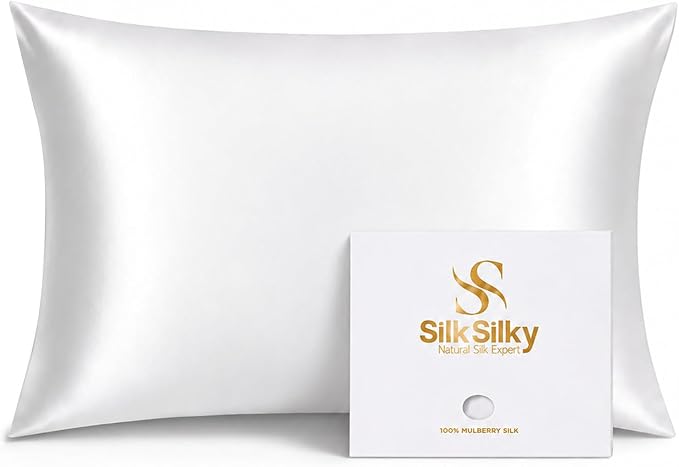 SilkSilky 100% Pure Organic Mulberry Silk Pillowcase for Hair & Skin, Both Sides Grade 6A Pillow Cases with Hidden Zipper, Breathable Cooling Silk for Beauty Sleep (Queen 20''x30'', White)