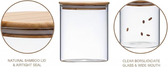 Borosilicate Glass Storage Jars with Bamboo Lids, Clear Kitchen Canisters for Pantry Organization of Dry Goods, Coffee, Tea, and Grains