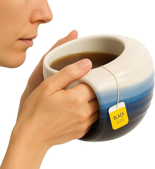 GUTE Handmade Pottery Double Hand Warmer Mug - 14 oz Ceramic Coffee Mug with Contoured Pockets for Both Hands Clay, Dishwasher & Microwave Safe, Comfy Blue - Winter Stocking Stuffer Gift