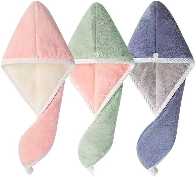 Microfiber Hair Drying Towel Wrap, Quick Dry Turban with Button Closure, Pink Blue Green, Super Absorbent, Soft Coral Fleece, White Trim