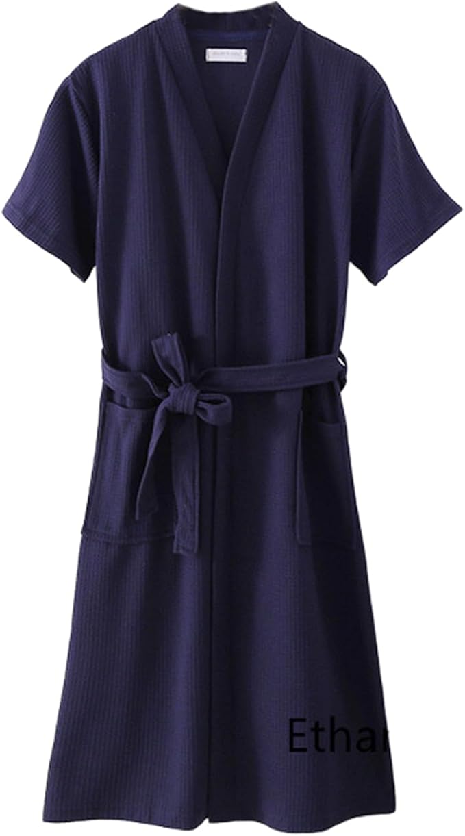Waffle Bathrobe for Women Men, 3/4 Sleeve/Short Sleeve Kimono Robes, 100% Cotton, Lightweight, Soft Absorbent & Quick Dry