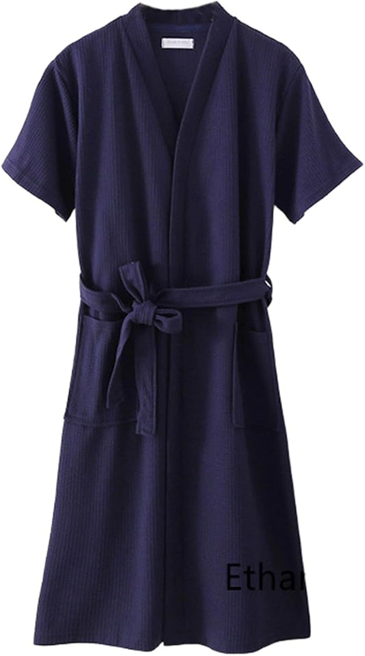 Waffle Bathrobe for Women Men, 3/4 Sleeve/Short Sleeve Kimono Robes, 100% Cotton, Lightweight, Soft Absorbent & Quick Dry