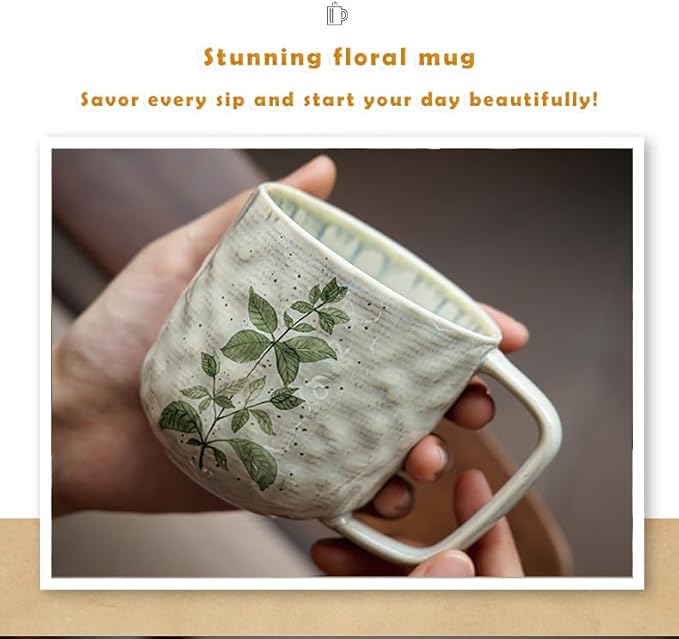 Ceramic Mugs for Men & Women, Unique Microwave & Dishwasher Safe Tea/Coffee Rustic Stoneware Cups for Office & Home (Green Leaf)
