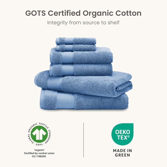 BIOWEAVES 100% Organic Cotton 700 GSM Plush 6-Piece Towel Set GOTS Certified, 2 Bath Towels, 2 Hand Towels & 2 Washcloths - Cerulean Blue