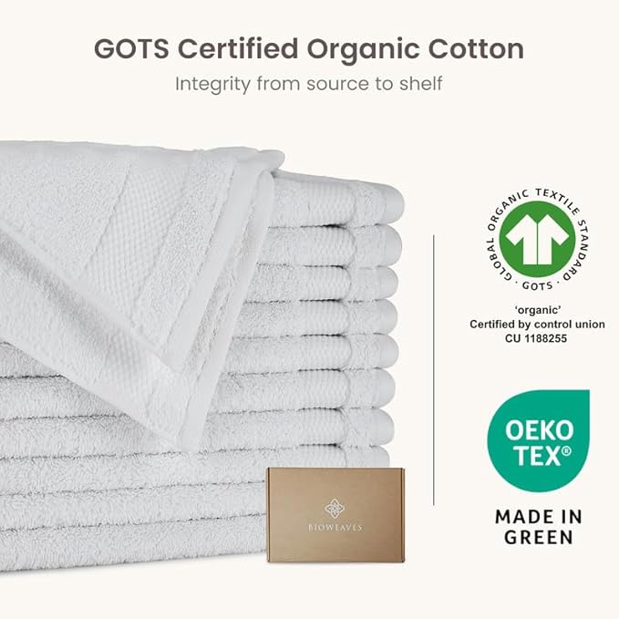 BIOWEAVES 100% Organic Cotton 700 GSM Plush Washcloths 13" x 13" GOTS Certified - White, Pack of 12