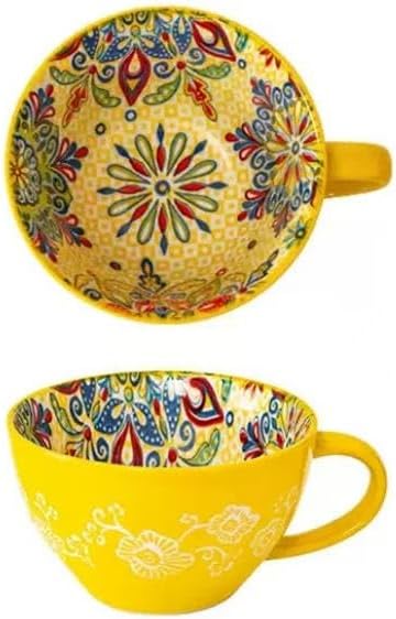 Yellow Ceramic Mug, Bohemian Hand-Painted, 15 Oz Large Coffee Cup for Milk, Tea, Breakfast, Dishwasher & Microwave Safe Cup