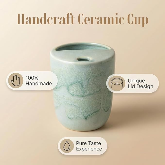 Handmade Ceramic Coffee Mug with Half Lid, 17oz Unique Tea Coffee Cup with Sip-top Lid, Sea Foam