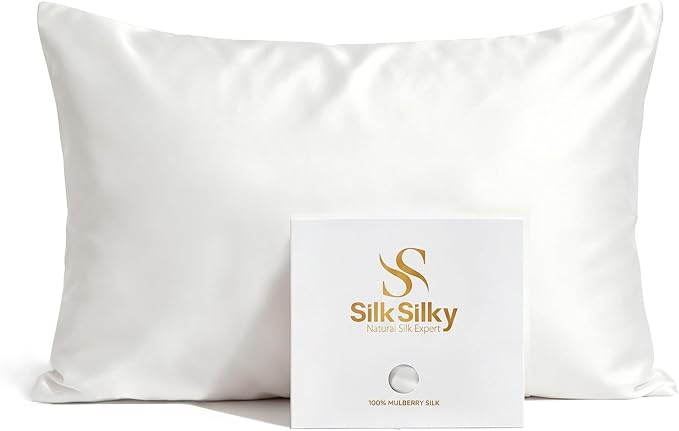 SilkSilky Luxury 30 Momme 100% Pure Organic Mulberry Silk Pillowcase for Hair & Skin, Grade 6A+ Silk Pillow Cases with Hidden Zipper, Cooling Silk for Deep Sleep (Standard 20''x26'', White)