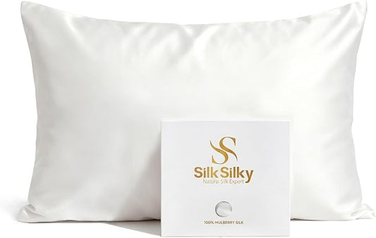 SilkSilky Luxury 30 Momme 100% Pure Organic Mulberry Silk Pillowcase for Hair & Skin, Grade 6A+ Silk Pillow Cases with Hidden Zipper, Cooling Silk for Deep Sleep (Standard 20''x26'', White)