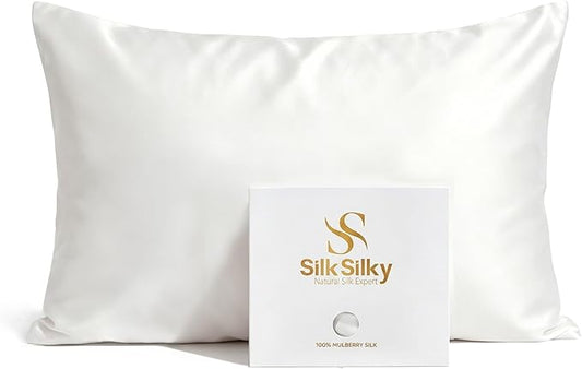 SilkSilky Luxury 30 Momme 100% Pure Organic Mulberry Silk Pillowcase for Hair & Skin, Grade 6A+ Silk Pillow Cases with Hidden Zipper, Cooling Silk for Deep Sleep (Queen 20''x30'', White)