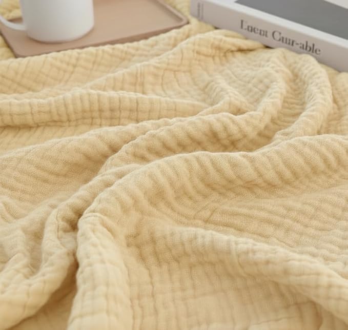 KyraHome 100% Organic Cotton Throw Blankets for Adults, Pre-Washed Plant Dyed, Women, Lightweight Breathable, Soft Gauze Blanket for Couch, Summer, All Season, Creamy