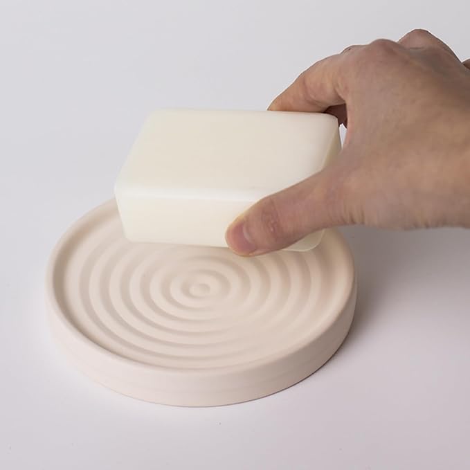 Natural Diatomite Bar Soap Holder with Ripple Design, Fast Drying Bathroom Tray for Soap, Sponge, Hand Soap,Cup (Beige)