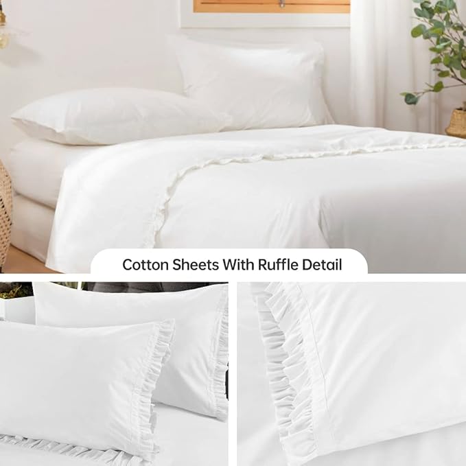 Simple&Opulence 100% Cotton Sheet Set Ruffle- 4Pcs (1 Flat Sheet 1 Fitted Sheet 2 Pillowcases) Bed Sheets Soft French Country Shabby Chic Vintage Bedding Set Aesthetic Farmhouse (White, Queen)