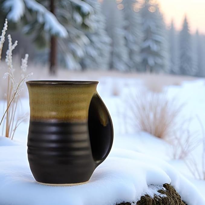 Hand Warmer Coffee Mug for Christmas - 16 Ounce Large Handwarmer Ceramic Mugs Handmade Pottery Gift for with Contoured Pocket, Keep Your Fingers Warmth(Right Handed,Beige/Black)