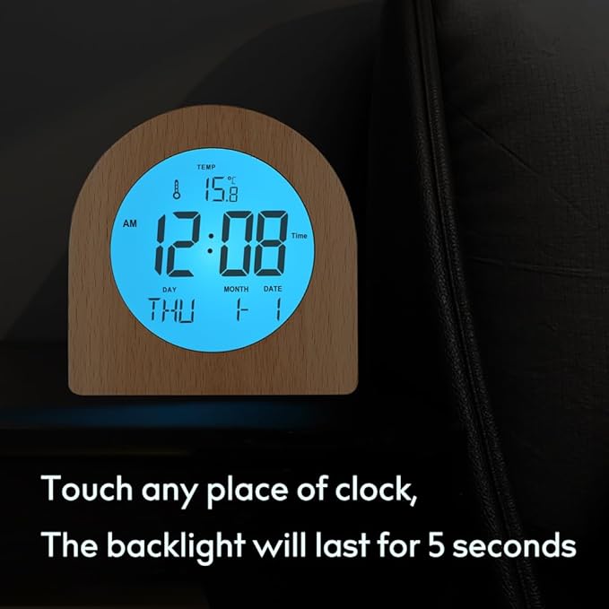 Wooden Alarm Clock for bedrooms，Battery Operated with Snooze Function and Backlight,LCD time,Date,Temperature Display, C/F Switch,12/24hour,Round Simple Design,eco-Friendly