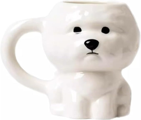 Coffee Mug Cups Ceramic Tea Cup Cute 3D Bichon Frise Dog Shaped Handmade Pottery Cute Mugs Handle Office Home Hot Ice Chocolate Milk Mugs Gifts Microwave Dishwasher Safe 14 Oz Travel Mug (White dog)