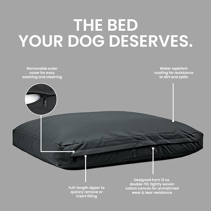 WHITEDUCK Outdoor Dog Bed Heavy-Duty 12oz Canvas, Water-Repellent Cotton, Machine Washable Removable Cover with Full-Length Zipper, Dog Bed for Large Dogs & Crate, (Black) 28" Lx20 Wx4.3 th (S)