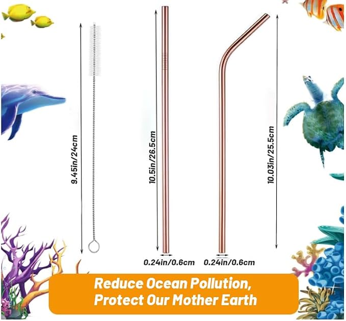 VEHHE Metal Straws Reusable Stainless Steel Straws Drinking Rose Gold 4 Set - Ultra Long 10.5" Cleaning Brush for 20/30 Oz for Yeti RTIC SIC Ozark