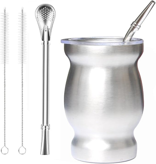 Beruth Bombilla Yerba Mate Gourd, 8oz Stainless Steel Tea Cup Set with Lid, Two Straws and Cleaning Brushes, Double Walled Coffee Mug Heat Insulation Anti Scalding （Bright Silver）