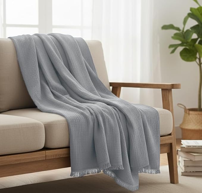 KyraHome Pre-Washed 100% Organic Cotton Blanket 90"x90" Queen Muslin Blankets for Adults, Bed, Plant Dyed, Lightweight Breathable Gauze Summer Bedspread, Coverlet, All Season, Light Grey